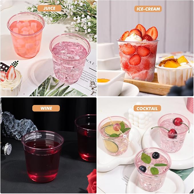 KesaPlan 100Pcs 12oz Pink Plastic Party Cups, Disposable Wine Cocktail Cups | Cute Clear Stemless Glass, Round Bottom PET Cold Drink Cups for Valentine's Galentine's Day Wedding Christmas Bridal Shower