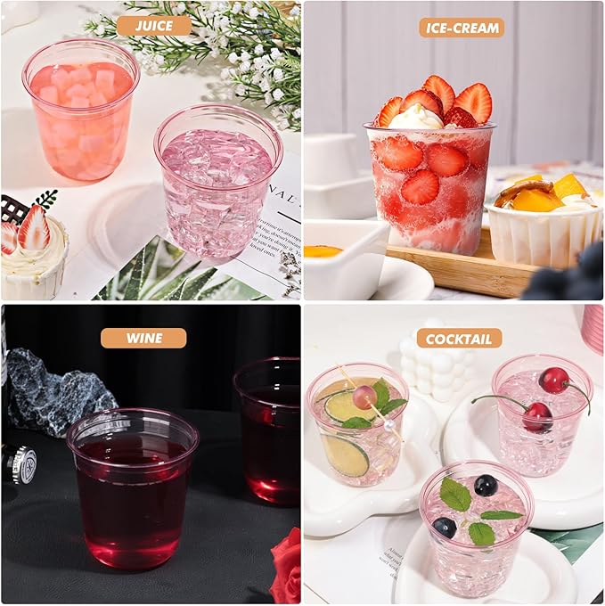 KesaPlan 50Pcs 12oz Pink Plastic Party Cups, Disposable Wine Cocktail Cups | Cute Clear Stemless Glass, Round Bottom PET Cold Drink Cups for Valentine's Galentine's Day Wedding Christmas Bridal Shower