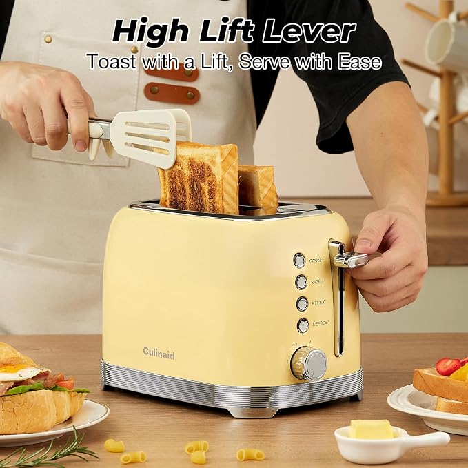 Toaster 2 Slice Retro Stainless Steel, Yellow | 1.5” Extra Wide Slots with Bagel, Defrost, Reheat, Cancel Functions, 6 Bread Shade Settings, Removable Crumb Tray
