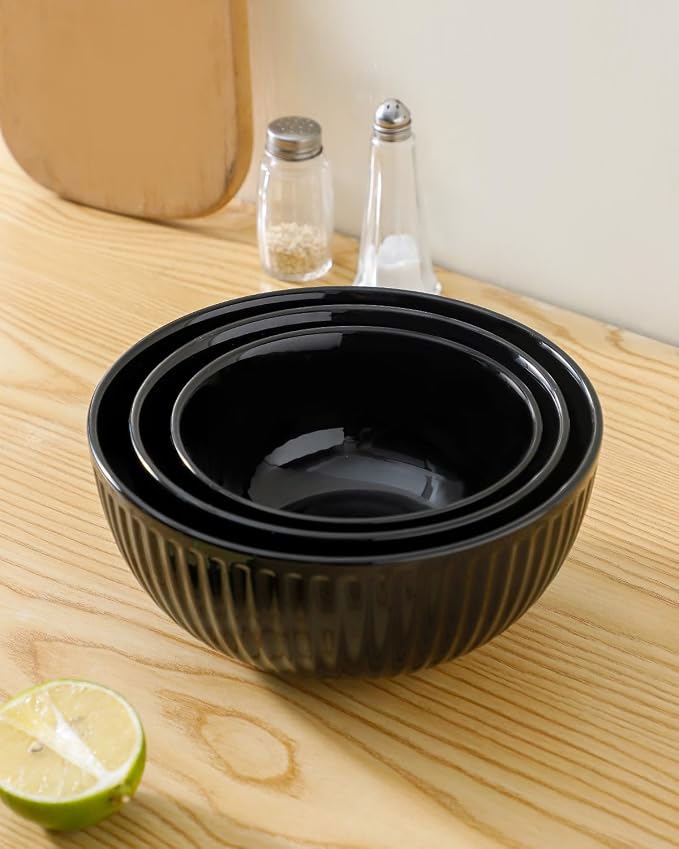 HASENSE Black Ribbed Porcelain Serving Bowls Set of 3 | 0.5/1/1.5 Qt Stackable Nesting Mixing Bowls, Large Prep Salad Pasta Fruit Bowls for Kitchen Baking Cooking Storage