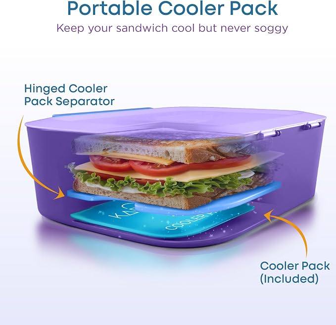 Leakproof Bento Lunch Box, 3-Compartment, Extra Large, Lilac & Blue | 3-Compartment Design, Leakproof, Extra Large Capacity, Adjustable Divider, Includes Cooler Pack, Dishwasher Safe, Reusable