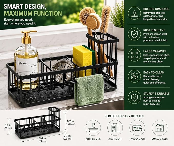 Kitchen Sink Caddy Organizer with Removable with Drain Tray, Rustproof Sponge Holder for Kitchen Counter, Carbon Steel Sink Organizer for Soap Dispenser, Sponge, Scrub Brush & Cleaning Accesories