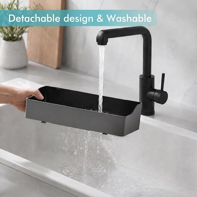 Sponge Holder for Kitchen Sink with Drying Stone, Black | Kitchen Caddy Sink Organizer, 2 Removable Cups, Premium ABS, Anti-Slip, 12.7" Sponge and Soap Holder for Kitchen Counter