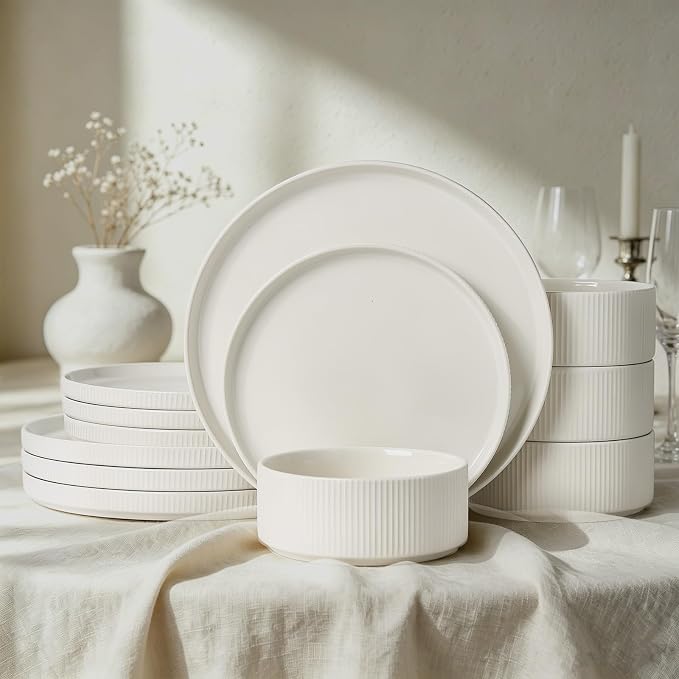 Stoneware Dinnerware Sets for 4, 12Pcs Plates and Bowls Set, Cream White | Handmade Reactive Glaze Ceramic Dishes, Microwave and Dishwasher Safe, Modern Minimalist Ribbed Tableware for Everyday Use