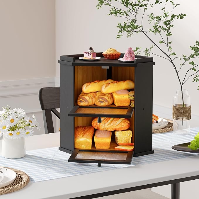 HOOBRO Bread Box, Corner Bread Box for Kitchen Countertop, 2-Tier Bamboo Bread Box, Food Storage Box, Bread Storage Container with Shelf, Bread Bin for Kitchen, Dining Room, Black BK19MB01