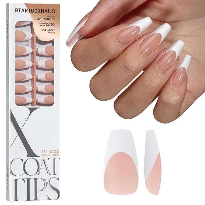 BTArtboxnails XCOATTIPS White French Tip Press On Nails, L Coffin, Peach | Lamp-Curable, 4-Week Wear, Natural Nail Look, Salon Quality Value at Home, Easy-to-Apply for Beginners, 160ct Nail Tips Only