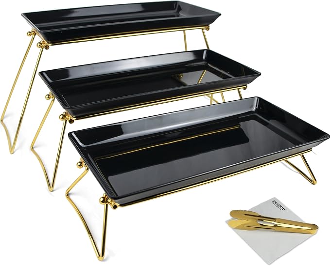 ECOIOU Extra Large 3 Tier Serving Tray, 24 x22 x 9.8 Inch | Melamine Tiered Tray Stand and Platters for Party Buffet Entertaining, Black and Gold