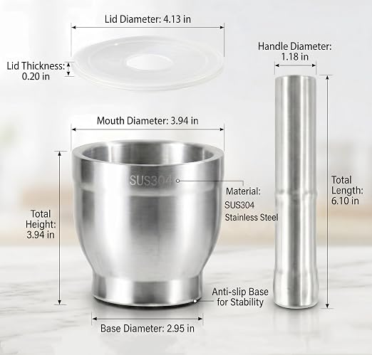 304 Stainless Steel Mortar and Pestle Set with Splash Guard Lid