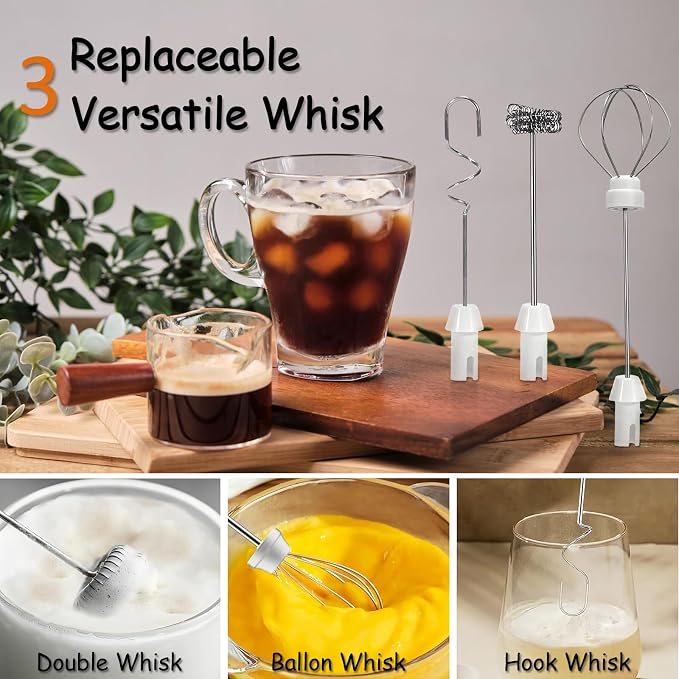 3-in-1 Rechargeable Milk Frother Wand, Coffee Drink Mixer w/ 3 Whisks＆Speed | USB-C Battery Handheld Frother, Small Electric Whisk Stirrer Coffee Foam Maker, Protein Powder Hand Mixer for Egg, Cappuccino