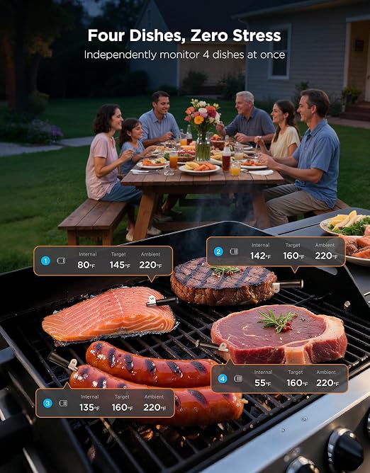 GoveeLife Smart Wireless Meat Thermometer Digital 4 Probes with App Alarm | Stable Bluetooth WiFi Transmission, IP68 Waterproof, Standalone Charge Magnetic Base, Grill Thermometer for BBQ, Smoker, Oven