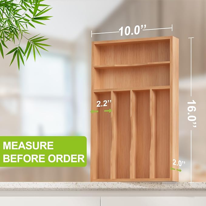Unibambou Bamboo Silverware Drawer Tray, Kitchen Flatware Cutlery Organizer | 5 slots kitchen storage tray, Natural Bamboo Material, Perfect organizer for flatware cutlery utensils, 9.8"W x 13.8"D x 2"H