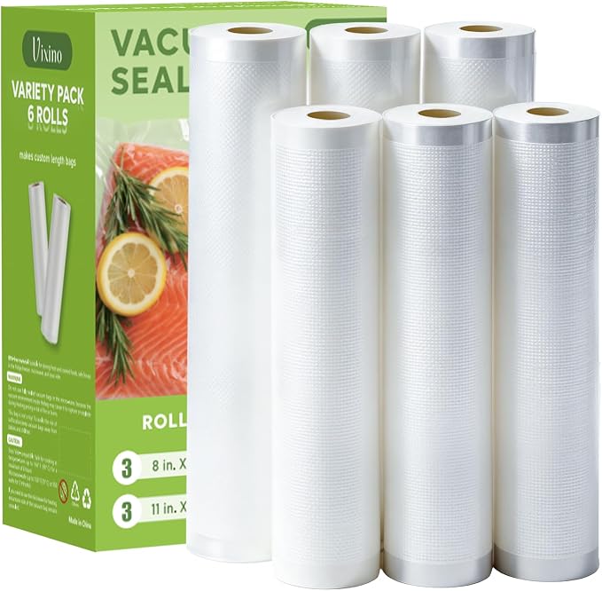 Vixino Vacuum Sealer Bags for Food, 6 Pack 3 Rolls 11" x 20' + 3 Rolls 8" x 20' Commercial Grade Vacuum Seal Bags Rolls, BPA Free, Customizable Size for Sous Vide, Freezer