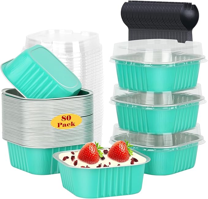 LNYZQUS 80 Pack 10oz Mini Cake Pans with Lids and Spoons for Bake Sales | Disposable, 4" Individual Baking Tins, Square Cinnamon Roll Containers, Small Aluminum Dessert Cups for Farm Stand, Blue
