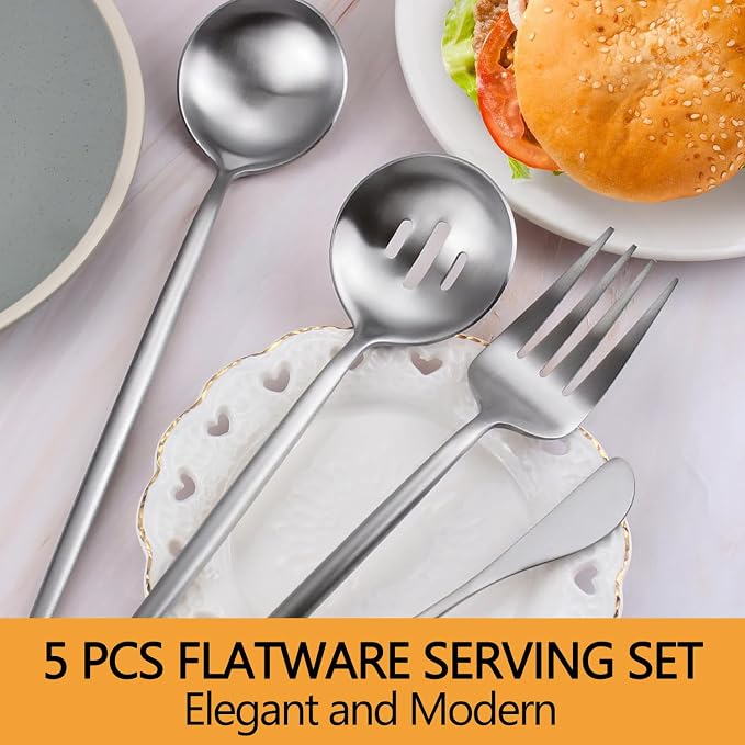 Silver Serving Utensils Set,5pc Stainless Steel Serving Spoons | 10.3’’ serving spoon,utensils set for parties,buffet serving utensils,for party banquet,heavy duty flatware,dishwasher safe
