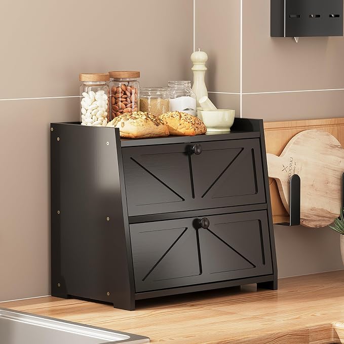Trironsun Vintage Double Layer Bread Box for Kitchen Counter Bamboo Bread Storage Container Large Capacity Bread Storage Bin (Black)