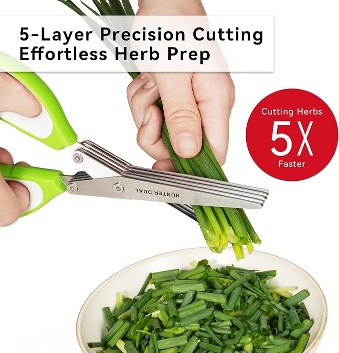 5 Blades Herb Scissors - Professional Kitchen Shears with Safety Cover for Cutting Green Onions, Fresh Herbs, Vegetables & Salad Food Prep, Must-Have Cooking Gadgets (Green, White, 8.7 inch)