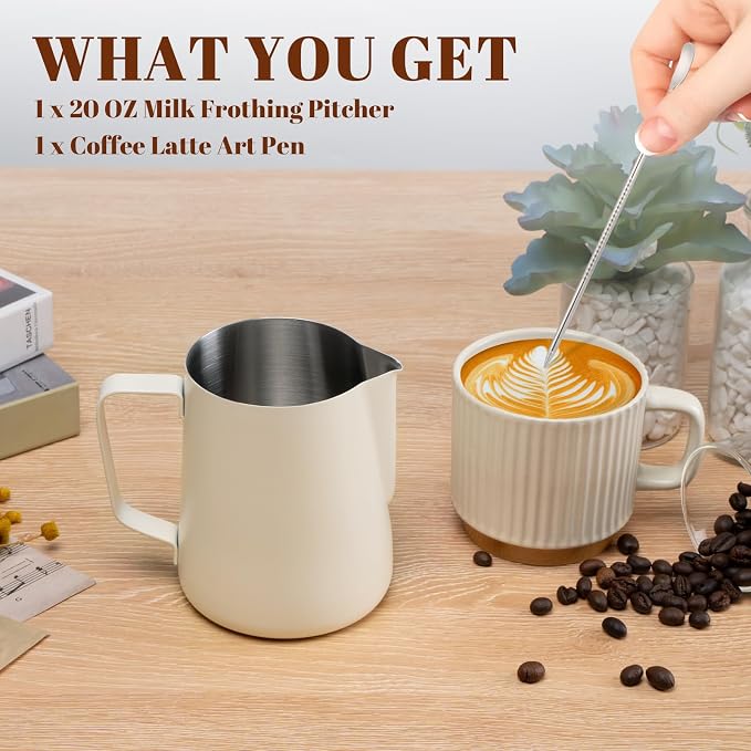 Amrules Milk Frothing Pitcher, 20oz Milk Frother Cup with Clear Scale, 304 Stainless Steel Cappuccino Espresso Machine Accessories for Barista Coffee Bar with Latte Art Pen, White