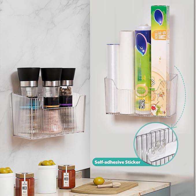 Sinnsally 2 Pack Cabinet Door Organizer,Self Adhesive Lid Organizer Inside Cabinet Storage Boxes,Stackable Hanging Basket Bins Wall Mounted Shower Caddy Holder for Kitchen,Bathroom,Pantry(Clear White)