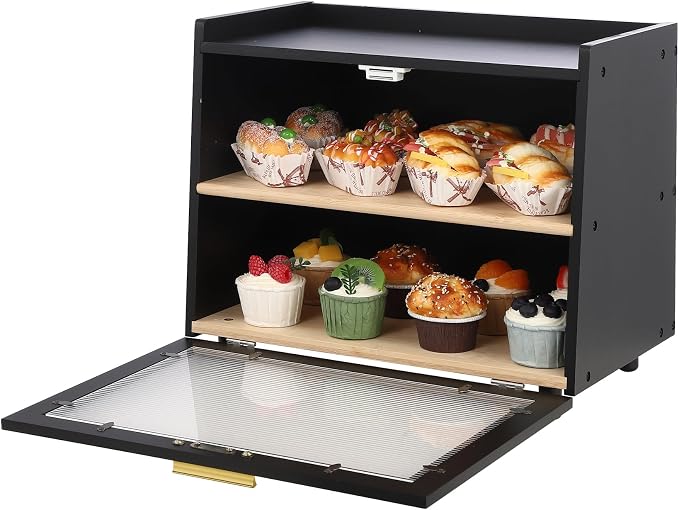 Garvee Double Layer Bread Box, Bamboo Farmhouse Bread Storage with Window | Clear Window, Strong Magnetic Closure, Compact Footprint, Flat Top, for Kitchen Countertop, Black & Gold