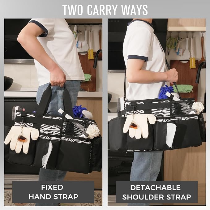 SCAVATA Wearable Cleaning Caddy, Cleaning Caddy Supplies Organizer with Handle & Shoulder Straps for Housekeepers, Under Sink & Car Cleaning Tool Organizers Bag with 4 Foldable Divider (ZebraStripe)