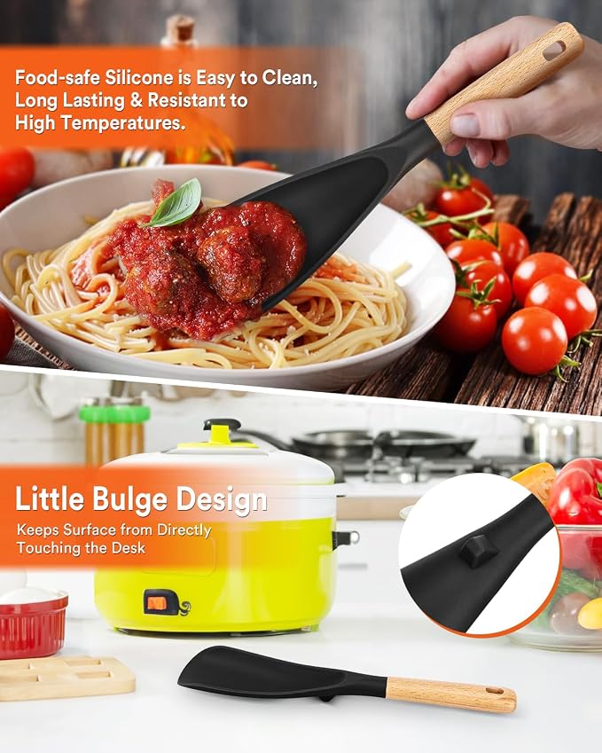 Cooking Spoon and Rice Scooper for Nonstick Cookware,Multi-function | Great for Cooking and Serving, Sturdy BPA-Free Matte Silicone, Wood Handle Spoon for Mixing, Scoop, and Scrape,9.3"+14.3"