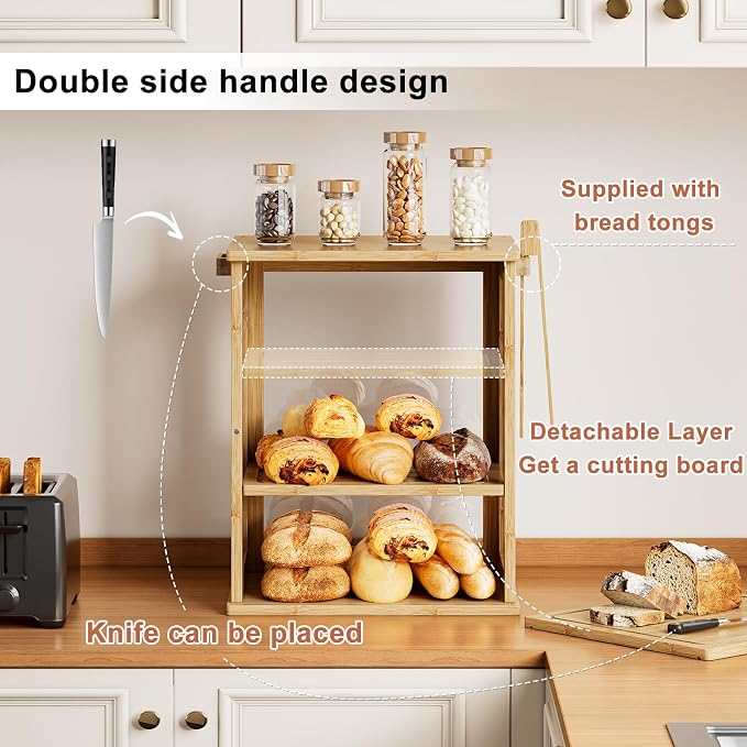 WOWLIVE Bread Box for Kitchen Countertop, 3 Layers Bread Storage Container | Large Bamboo Bread Bin for Homemade Bread with Window, Farmhouse Breadbox Organizer for Cabinet, Natural, Extra Large