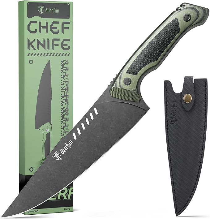 8 inch Chef Knife with Leather Sheath, G10 Handle Kitchen Knife | Ultra Sharp Stainless Stee Blade, Full Tang, Gyuto Style for Home Cooking and Outdoor Camping, Knives for Men Him Husband