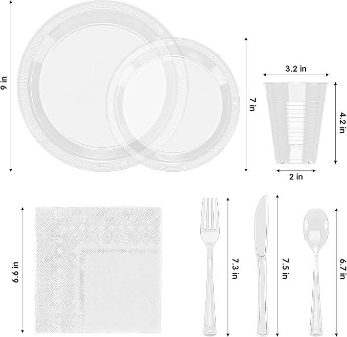 350 Pcs Clear Plastic Plates For Party, Clear Disposable Plates Set, 50 Of Each 9" Dinner Plate Set, 7" Dessert Plate, Cups, Napkins & Cutlery Plastic Dinnerware Set Exquisite