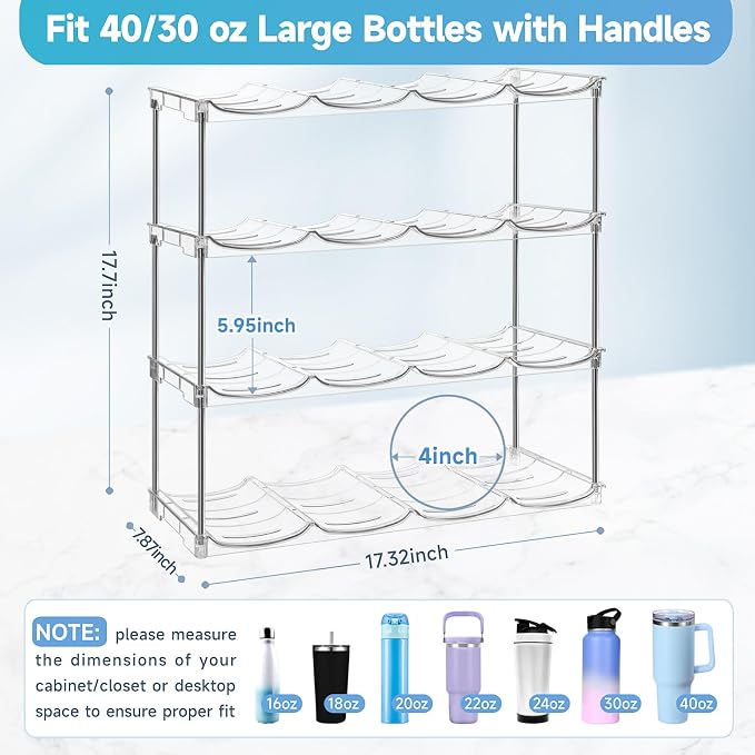 Larger Water Bottle Organizer for Stanley 40 oz Tumbler, Tumbler Organizer | Stackable Water Bottle Holder Rack for Cabinet, Kitchen Storage Organizer for for Stanley Cup Accessories, Tumbler Storage