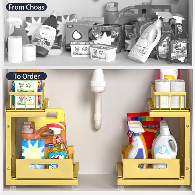 2-Pack L-Shaped Under Sink Organizer, 2-Tier Pull-out Cabinet Rack | Gold Height-Adjustable Metal Rack, Sliding Grid Drawers with Safety Stopper, Holds 100 Lbs, Ideal Kitchen Cabinet Storage