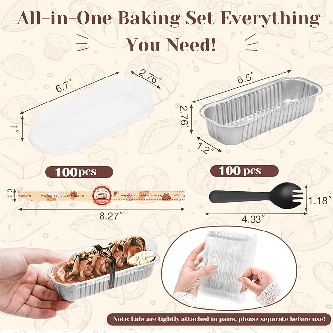 YQER 100 Pack Silver Mini Cake Pans with Lids and Spoons, 6.8 oz Disposable Aluminum Foil Mini Loaf Pans with Stickers, Individual Elegant Dessert Cake Tins Containers for Weddings, Winter Parties