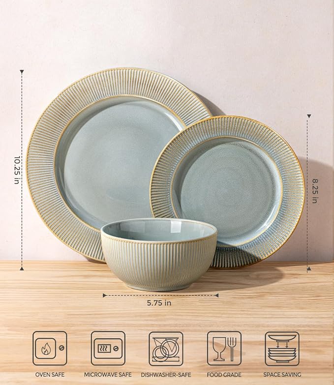 Ceramic Dinnerware Set for 4, 12-Piece Plates and Bowls Set | Lightweight Porcelain Dish Set, Scratch Resistant, Oven & Microwave & Dishwasher Safe, Desert Sage