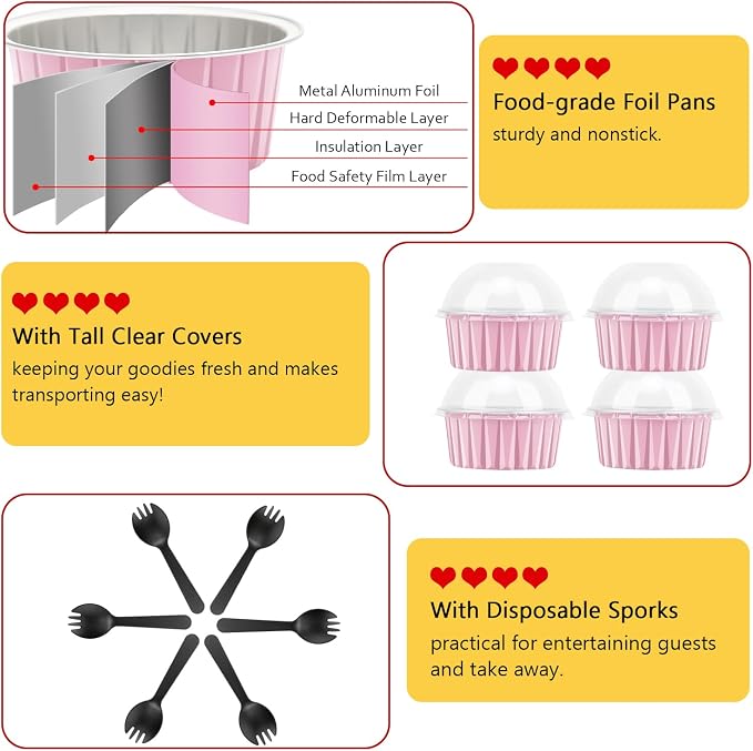 LNYZQUS 5oz Cupcake Pans with Dome Lids 100 Pack, Foil Dot Cake Cups | Mini Cake Tins, Cupcake Containers, Disposable Ramekins, for Baking and Packaging, for Bake Sale, Round Pink