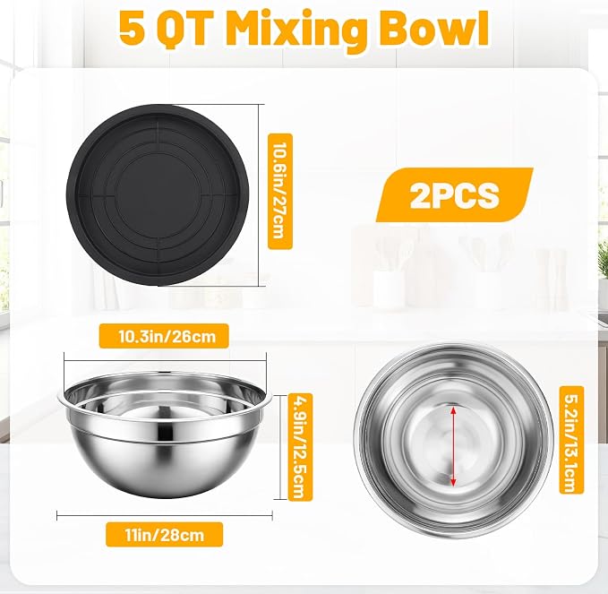 Beasea Stainless Steel Mixing Bowl with Lids, 2 Pack 5 QT Metal Large Stainless Mixing Bowls with Lids Set, Stackable Baking Bowl for Kitchen, Meal Prep, Serving and Cooking