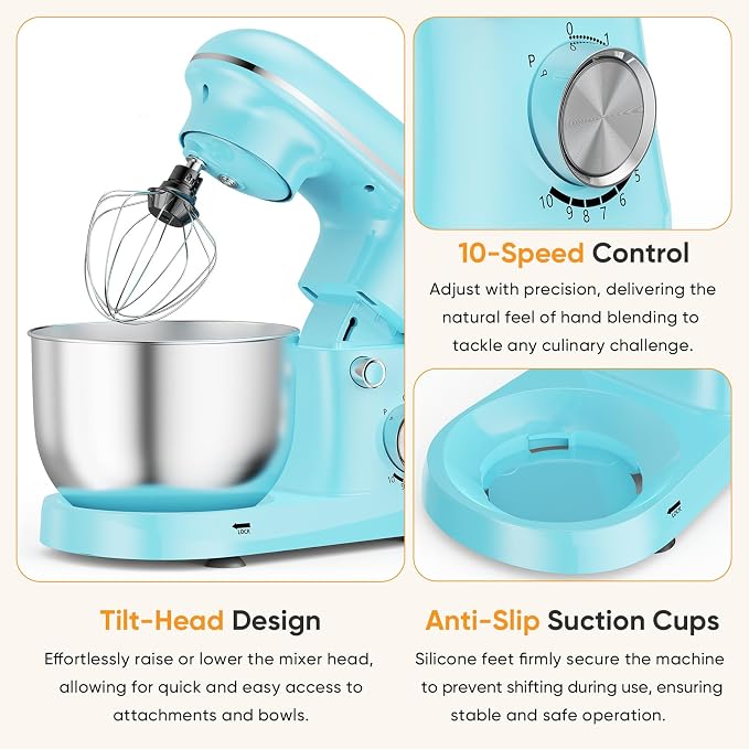 NEWBULIG Stand Mixer 4.2QT, Kitchen Electric Mixers Alternative | 10-Speed Dough Hook, Whisk, Beater & Splash Lid, Multi-Cover for Baking, Cakes and Home Cooking Needs