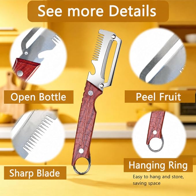 2PCS Multi-Functional Vegetable Peeler for Kitchen, 3 in 1 Stainless Steel Blade with Wooden Handle and Bottle Opener, Kitchen Gadgets Tool for Fruit Peeling Potato Carrot Veggie Peeler (B)