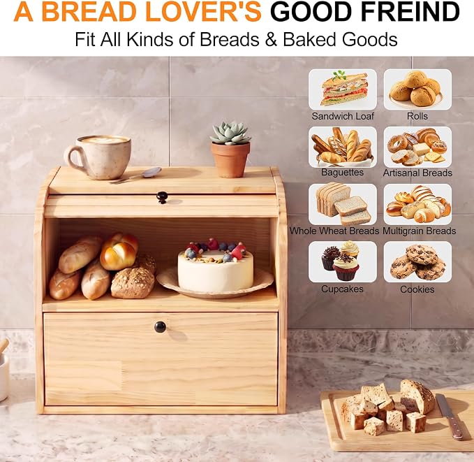 Alpeir Roll Top Bread Box with Cutting Board for Kitchen Countertop | Large Breadbox with Ventilation Holes, Double Layer Pantry Shelf, Wooden Homemade Bread Storage Container, Vintage Farmhouse