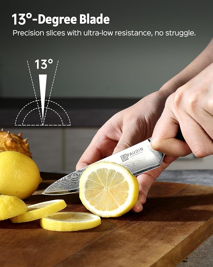 PAUDIN Utility Knife 5'', 67-Layer Forged Damascus Kitchen Knives | Ultra Sharp Petty Knife, Paring Knives for Cutting Fruit and Vegetables, Full Tang G10 Handle with Triple Rivets