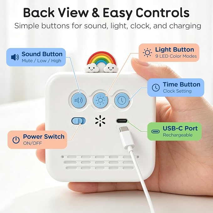 Digital Visual Timer for Kids with 12-Star Rainbow Display & 9 Color Modes | 99-Minute Count-Up & Countdown Timer with Silent Mode & Pause for Classroom, Home, Kitchen, Rechargeable, White