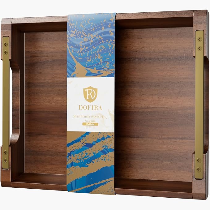 Acacia Wood Serving Tray with Metal Handles, 17x13in Large Ottoman Tray, Food Drinks Tray for Coffee Table, Breakfast, Dinner & Bar, Rustic Decorative Tray for Kitchen, Bedroom Gift Box | Perfect for Breakfast, Drinks, Decor, Appetizers and Snacks, Ide...
