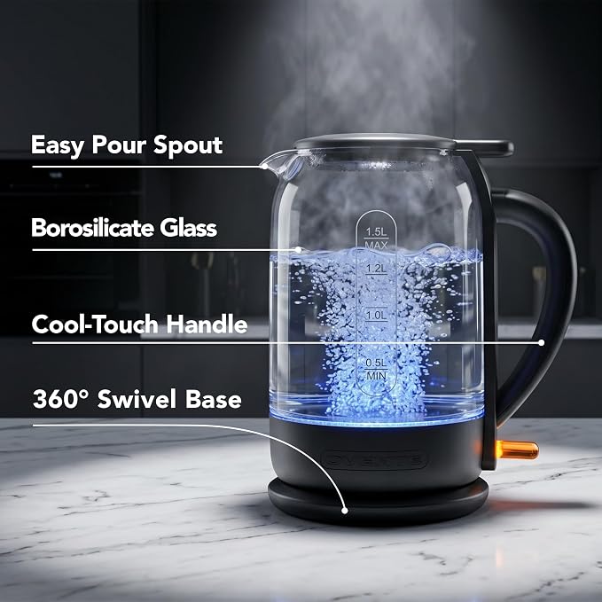 OVENTE 1.5L Glass Electric Kettle Water Boiler, Black KG516B | 1500W Fast Boiling, Easy Fill Lid, Stainless Steel Filter, LED Indicator, Auto Shut-Off, Boil-Dry Protection, 360° Base