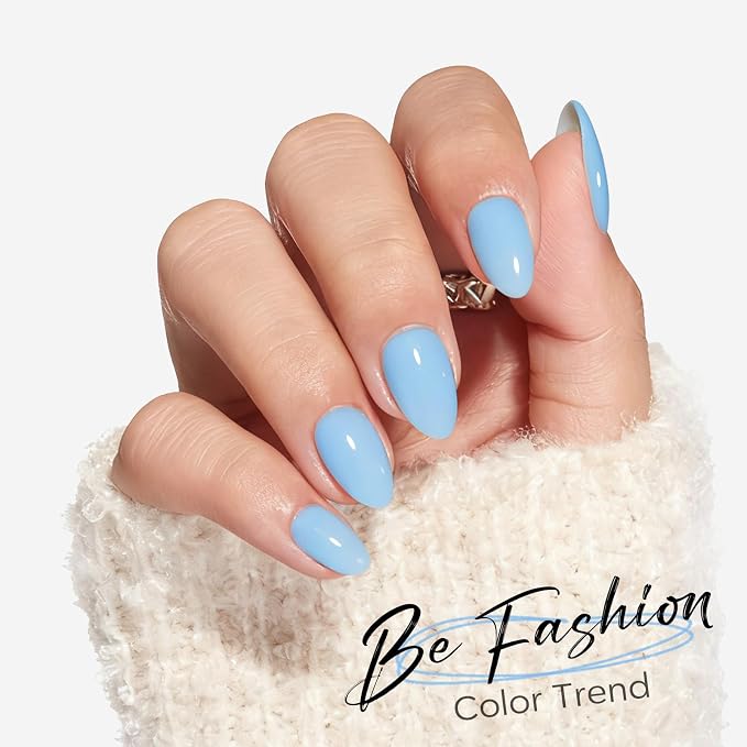 modelones Blue Short Press on Nails, Oval Fake Nails Kit Press On Nails | with Nail Glue, Adhesive Tabs, Nail File, Prep Pad, Manicure Stick, 32Pcs 16 Sizes, Summer Women Girl Gift