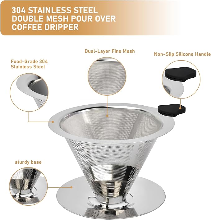 Pour Over Coffee Dripper, Reusable Cone Stainless Steel Coffee Filter, Double Layer Fine Mesh Paperless Coffee Maker with Coffee Spoon and Cleaning Brush for 2–3 Cups