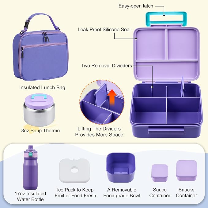 Bento Lunch Box for Kids with Thermo, Leakproof Bento Box with 8oz Insulated Food Jar, Insulated Bottle, Lunch Bag, BPA Free Dishwasher Safe 4 Compartment Container for School Girls Boys (Purple)