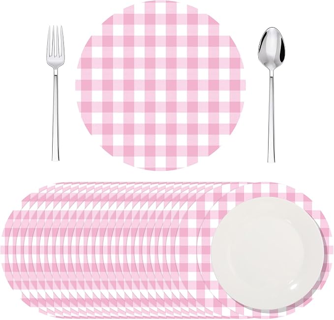 Funnymoom 60 Pcs Pink and White Gingham Disposable Paper Placemats Round Table Place Mat Summer Checkered Decorative Paper for Baby Shower Wedding Birthday Party Dinner Table Decor