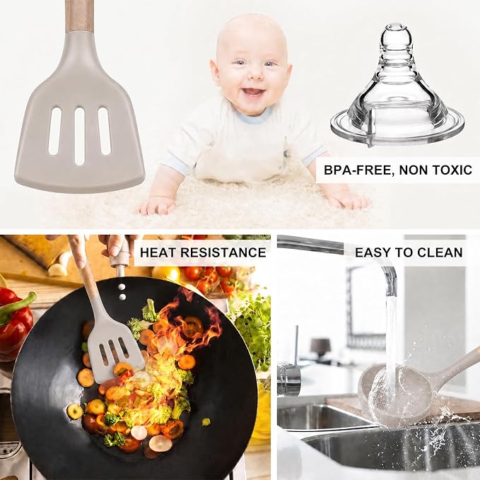 MIBOTE Silicone Cooking Kitchen Utensils Set, Wooden Handle, Khaki | BPA-Free, Non-Toxic Silicone Turner, Tongs, Spatula, Spoon Set – Great for Nonstick Cookware, Heat-Resistant, Easy Clean