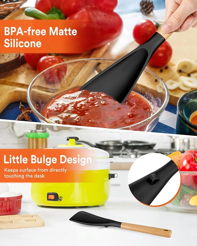 Multifunction Cooking Spoon for Nonstick Cookware,11.4"&13.4",Black | Great for Cooking and Serving, Sturdy BPA-Free Matte Silicone, Wood Handle spoonula for Mixing, Scoop, and Scrape