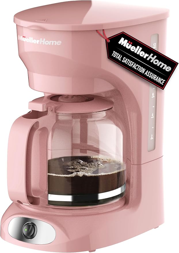 MUELLER HOME 12-Cup Pink Coffee Maker | Borosilicate Carafe, Auto-Off, Reusable Filter, Anti-Drip, Keep-Warm Function