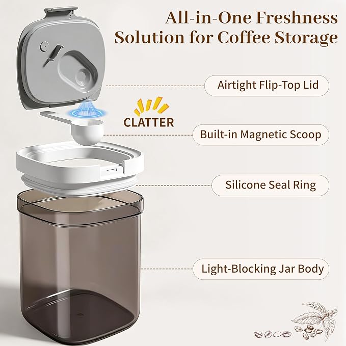 Airtight Coffee Storage Canister Container 15 oz with Magnetic Scoop, Brown Sugar Container Kitchen Food Storage Jar with Spoon for Grounds Coffee, Beans, Tea, Sugar, Flour, Cereal