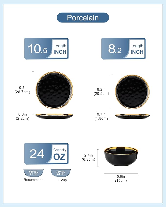 LOVECASA 12 Pieces Plates and Bowls Sets, Porcelain Black and Gold Dinnerware Sets, Round Dinner Plates Dishes Set Service for 4, Dishwasher Safe and Scratch Resistant, Black